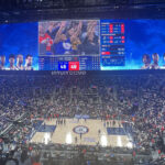 The court and large video board on display at the Intuit Dome during an LA Clippers game