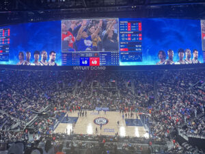 The court and large video board on display at the Intuit Dome during an LA Clippers game