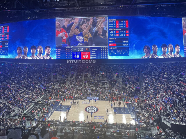 The court and large video board on display at the Intuit Dome during an LA Clippers game