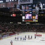 Players stand on the ice before a Detroit Red Wings game at Joe Louis Arena in 2013