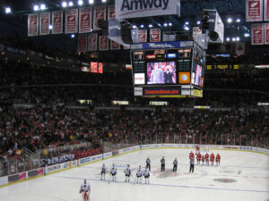 Players stand on the ice before a Detroit Red Wings game at Joe Louis Arena in 2013