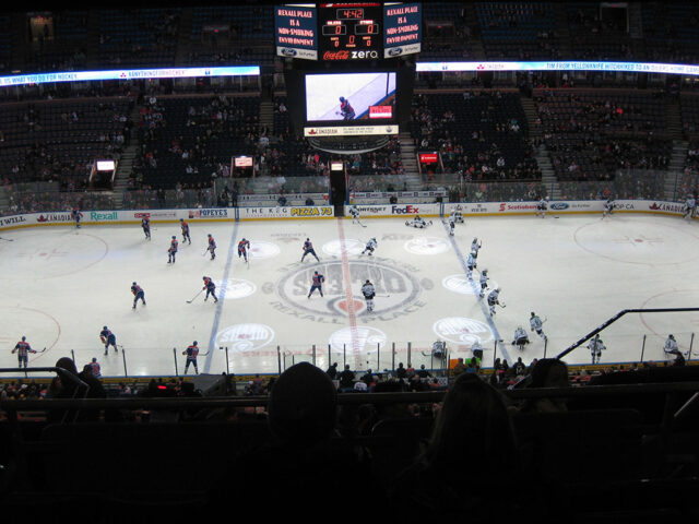 Players warm up on the ice before an Edmonton Oilers game at Rexall Place in 2014