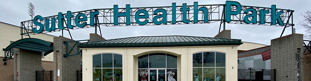 Exterior signage in front of Sutter Health Park in West Sacramento, California