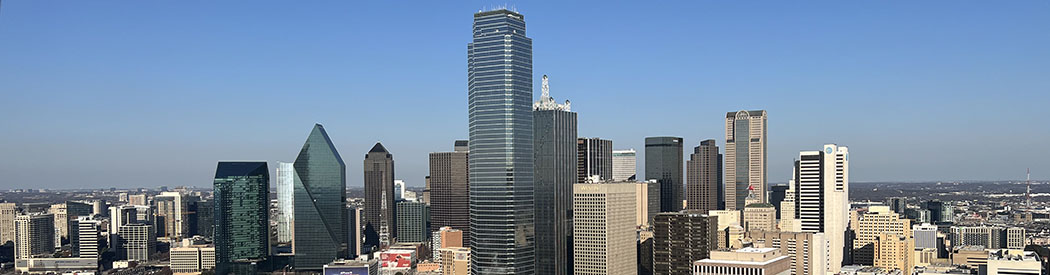 The skyline of downtown Dallas, Texas, is viewed from the observation deck of the Reunion Tower