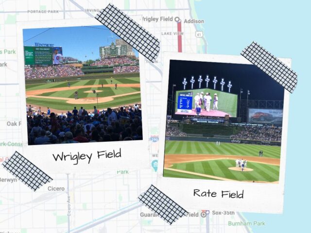 Graphic image depicting Wrigley Field and Rate Field