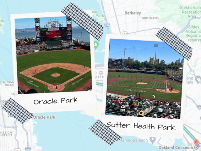 Photo illustration showing Oracle Park in San Francisco and Sutter Health Park in West Sacramento