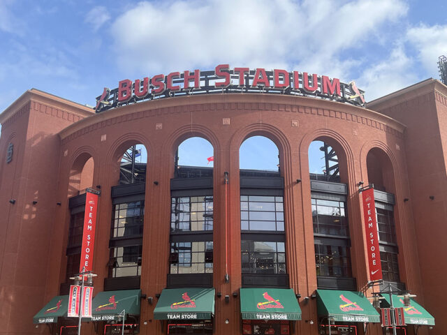 The left-field entrance gate at Busch Stadium in St. Louis