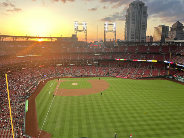 View of the field from the right-field bleachers at Busch Stadium in St. Louis, Missouri