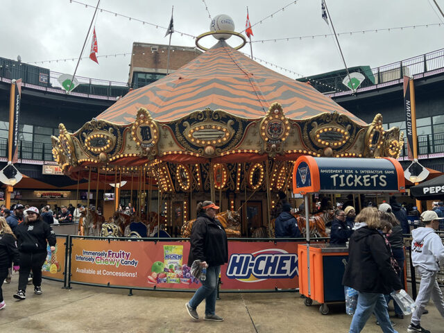 A carousel sits at the center of the Big Cat Court at Comerica Park, home of the Detroit Tigers