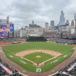View of the field from behind home plate at Comerica Park, with the downtown Detroit skyline in the background