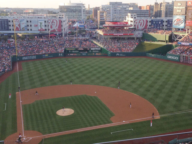 View of the playing field at Nationals Park in Washington, D.C., during a baseball game