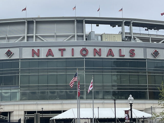 Signage above the home-plate gate at Nationals Park in Washington, D.C., reads "Nationals"