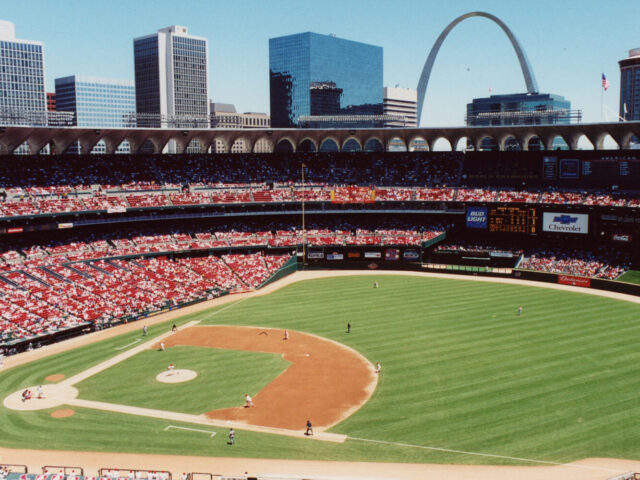 The former Busch Stadium shown during a St. Louis Cardinals game in 2004