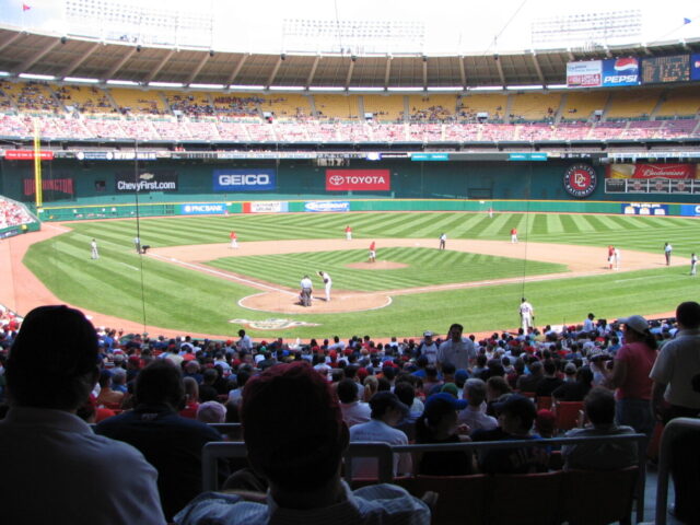 View of the baseball field at RFK Stadium in Washington, D.C., during a Washington Nationals game
