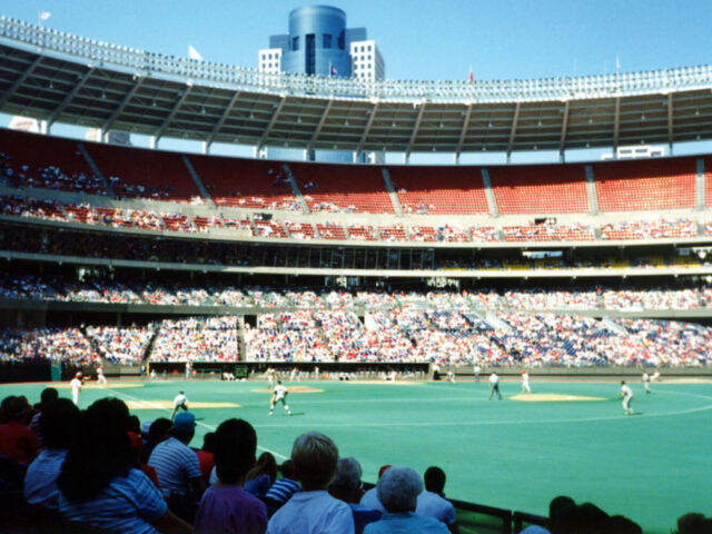 View of the field during a Cincinnati Reds game at the old Riverfront Stadium