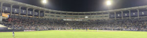 The field at Steinbrenner Field during a Tampa Bay Rays game, as seen from the right-center field concourse