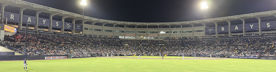 The field at Steinbrenner Field during a Tampa Bay Rays game, as seen from the right-center field concourse