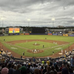 View of the action from behind plate during a Tampa Bay Rays game at Steinbrenner Field
