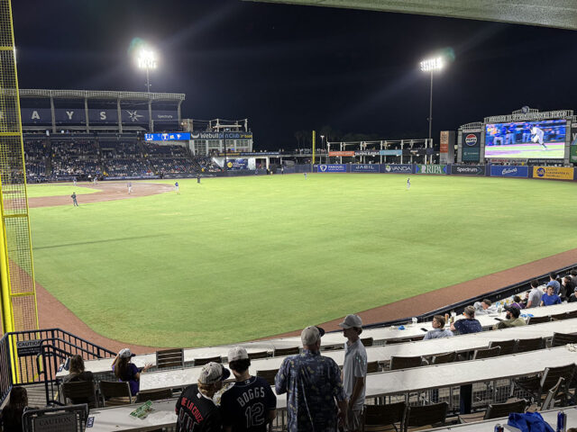 Fans sit in the right field cabana and watch a Tampa Bay Rays game at Steinbrenner Field