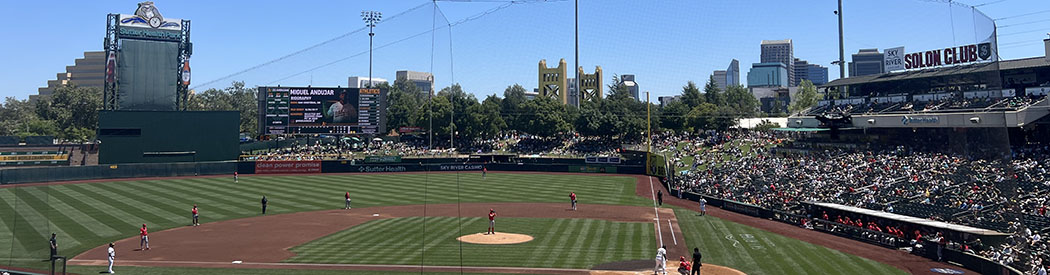 Panoramic view of Sutter Health Park in West Sacramento, California, during an Athletics baseball game