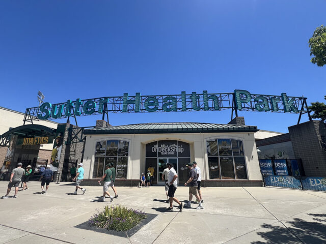 Signage spans the main entrance to Sutter Health Park in West Sacramento, California