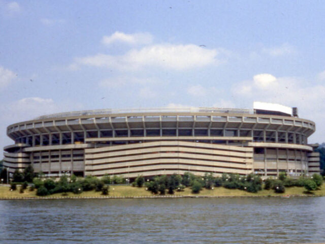 Exterior view of Three Rivers Stadium, a since-demolished venue in Pittsburgh, Pennsylvania