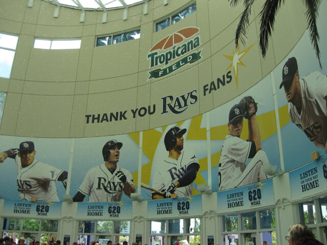 Large photos of Tampa Bay Rays players are seen in the atrium at Tropicana Field in St. Petersburg, Florida