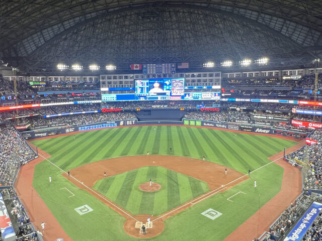 View from behind home plate at Rogers Centre during a Toronto Blue Jays game