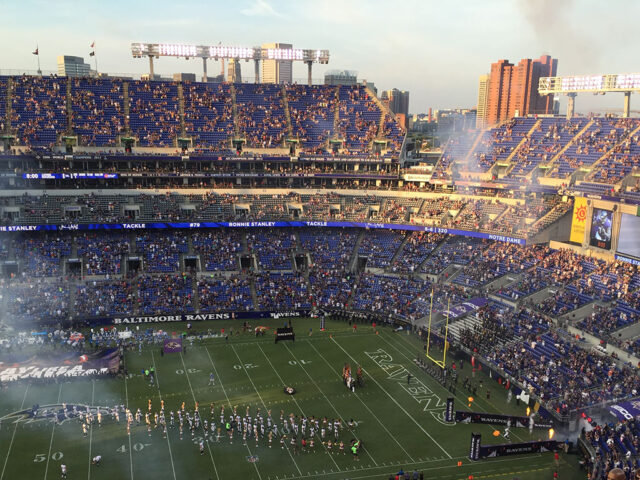 Baltimore Ravens players are introduced before a game at M&T Bank Stadium