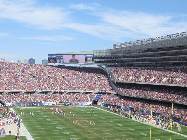 View of the field during a Chicago Bears game at Soldier Field