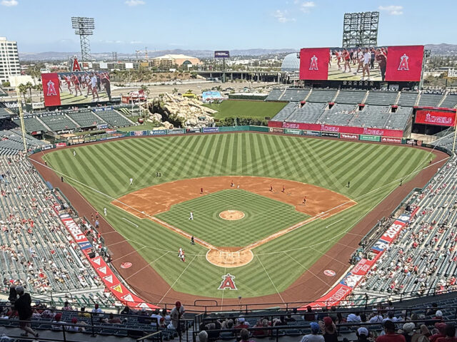 View of the field during a Los Angeles Angels game at Angel Stadium of Anaheim