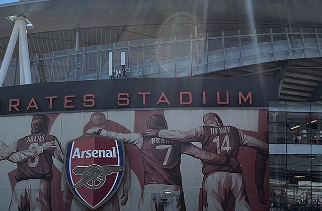 Panoramic view of the exterior of Emirates Stadium in London, England, before an Arsenal football match