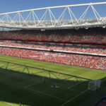 View of the pitch and seating bowl at Emirates Stadium in London, England, during an Arsenal football match