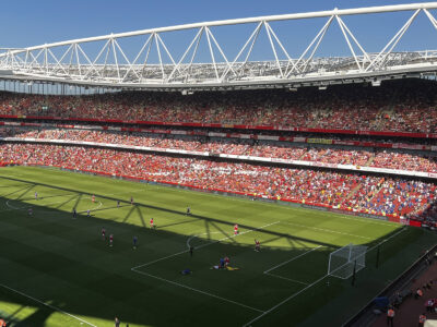 View of the pitch and seating bowl at Emirates Stadium in London, England, during an Arsenal football match