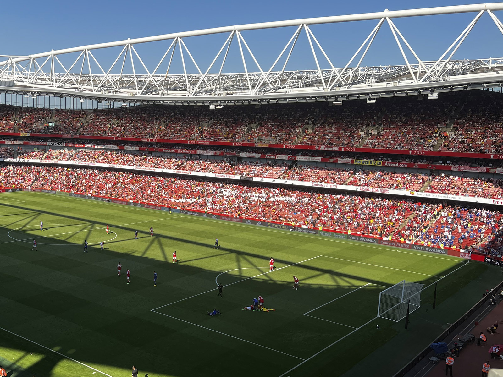 View of the pitch and seating bowl at Emirates Stadium in London, England, during an Arsenal football match