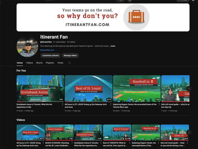 Screenshot of the Itinerant Fan sports and travel video channel on YouTube