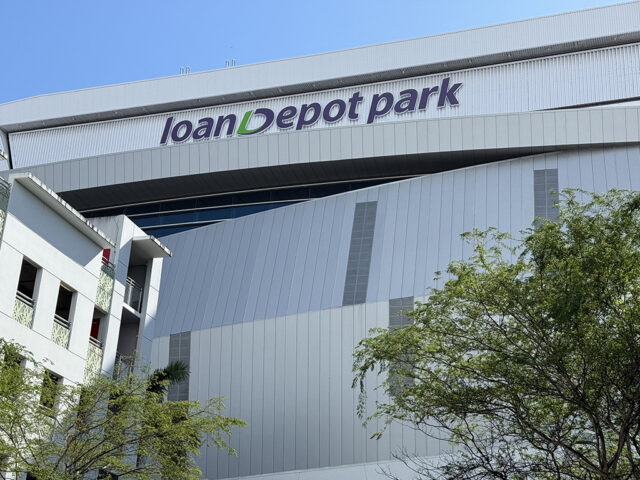 LoanDepot Park Miami Marlins Exterior signage atop LoanDepot Park in Miami, Florida