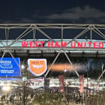 Panoramic view of the exterior of London Stadium in Stratford, England, before a West Ham United football match