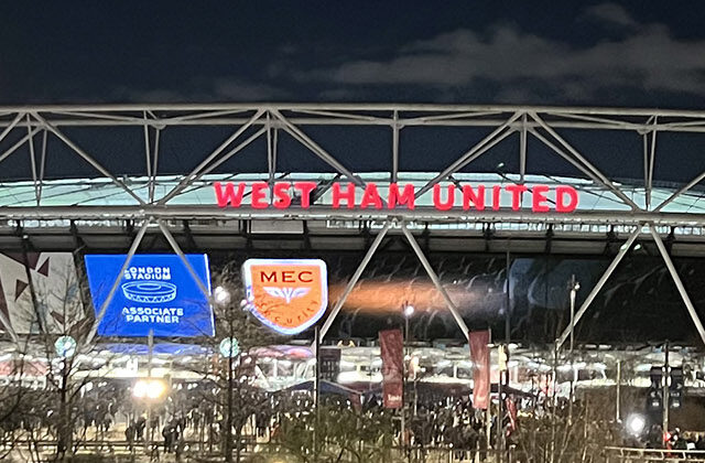 Panoramic view of the exterior of London Stadium in Stratford, England, before a West Ham United football match