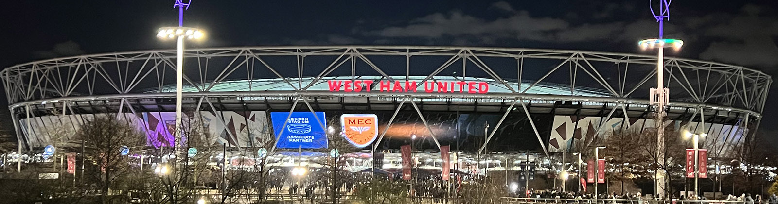 Panoramic view of the exterior of London Stadium in Stratford, England, before a West Ham United football match
