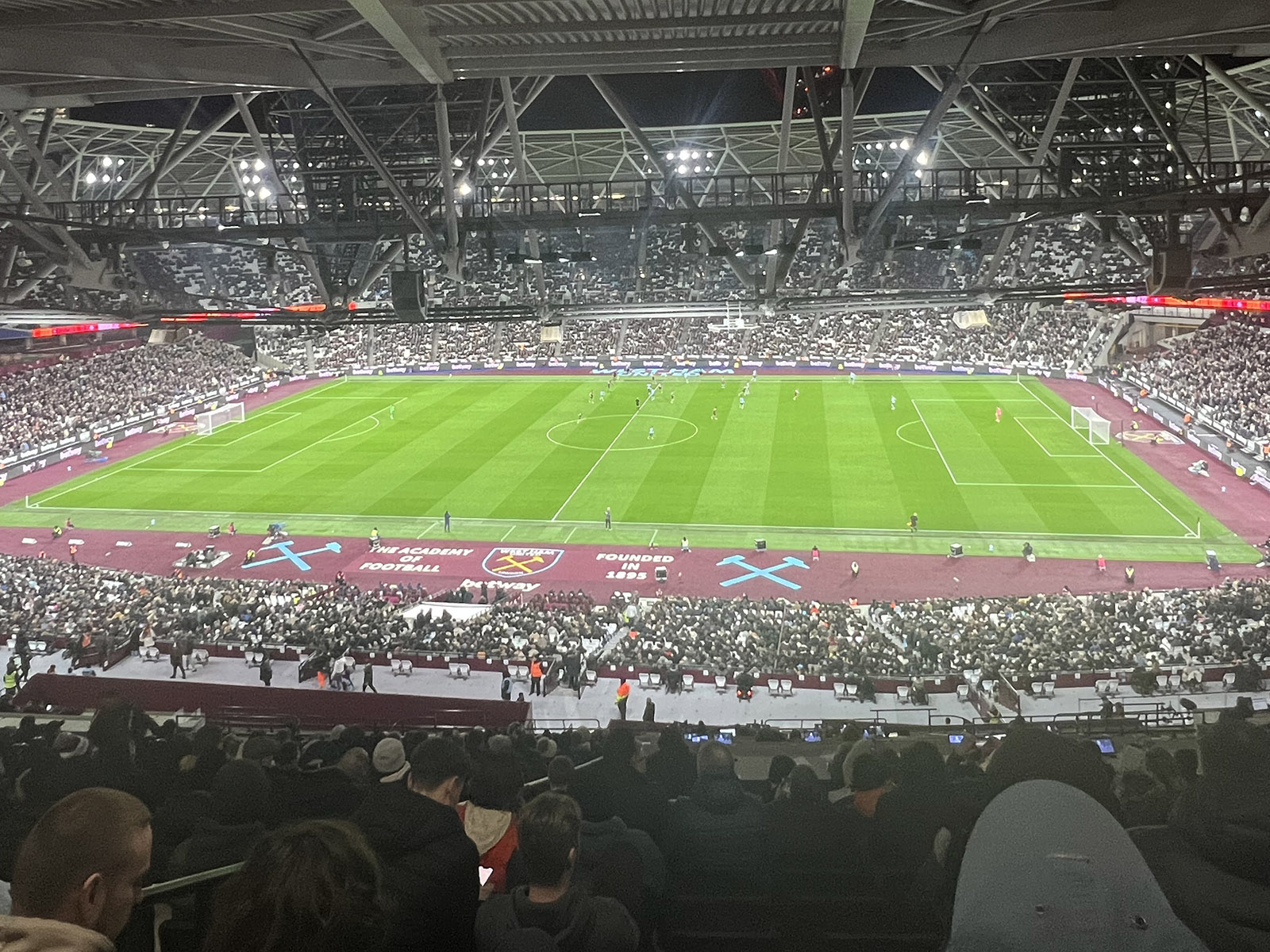 View of the pitch at London Stadium in Stratford, England, during a West Ham United football match