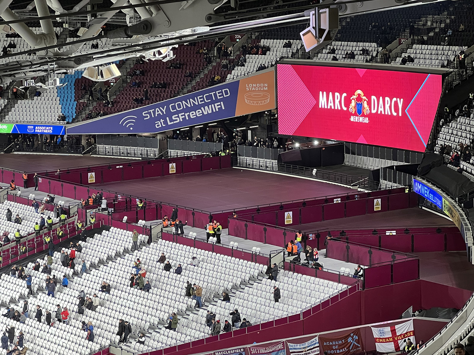 View of the end stands of the lower deck at London Stadium in Stratford, England, before a West Ham United football match