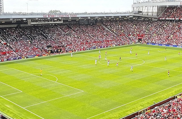 Panoramic view of the pitch at Old Trafford in Manchester, England, during a Manchester United football match