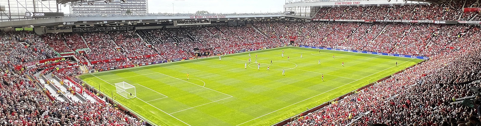 Panoramic view of the pitch at Old Trafford in Manchester, England, during a Manchester United football match
