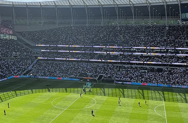 Panoramic view of the seating bowl at Tottenham Hotspur Stadium in London, England, during a Spurs football match