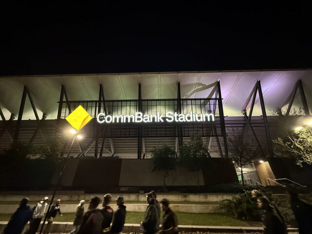 Exterior signage at night atop CommBank Stadium in Parramatta, New South Wales, Australia