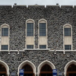 Panoramic view of the exterior of Cameron Indoor Stadium in Durham, North Carolina