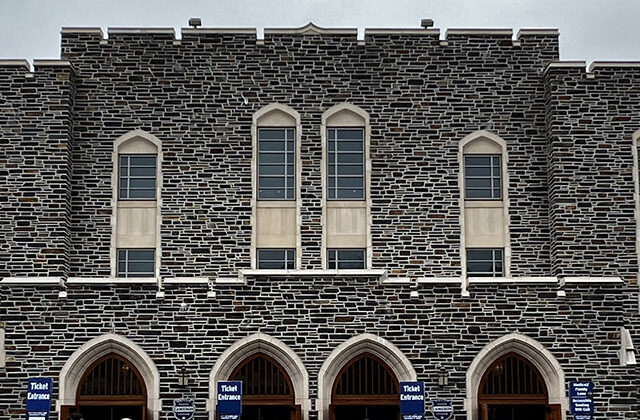 Panoramic view of the exterior of Cameron Indoor Stadium in Durham, North Carolina