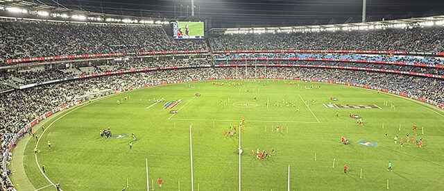 Panoramic view of the field at the Melbourne Cricket Ground during an Australian Football League match