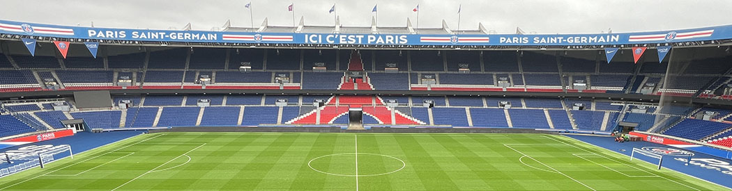 Panoramic view of the pitch and empty stands at the Parc des Princes stadium in Paris, France